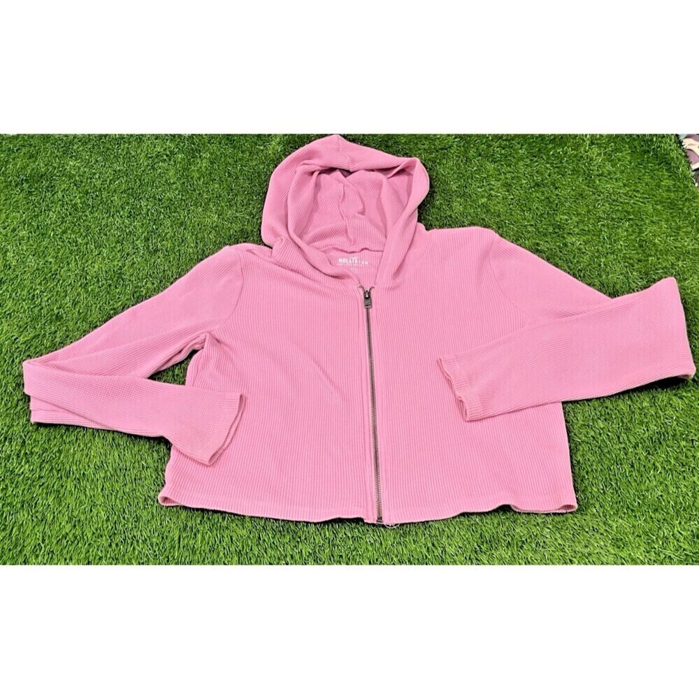 HOLLISTER WAFFLE FULL-ZIP HOODIE Womens Size Small Cropped Pink Cotton